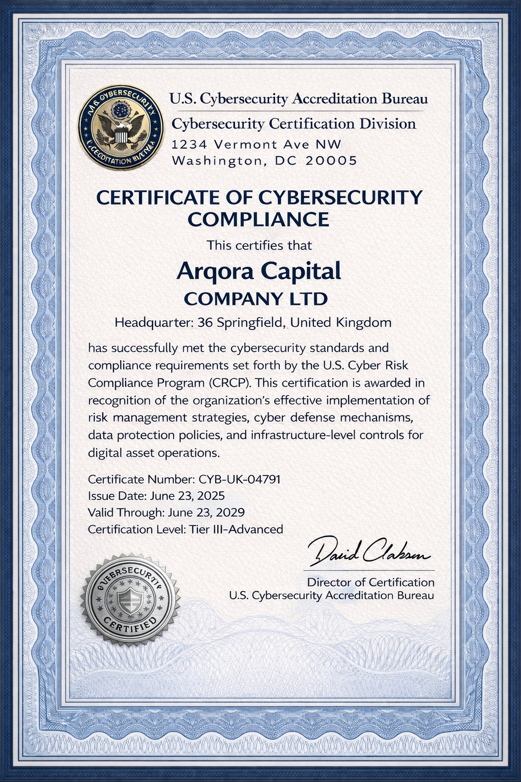 ArqoraCapital Certificate
